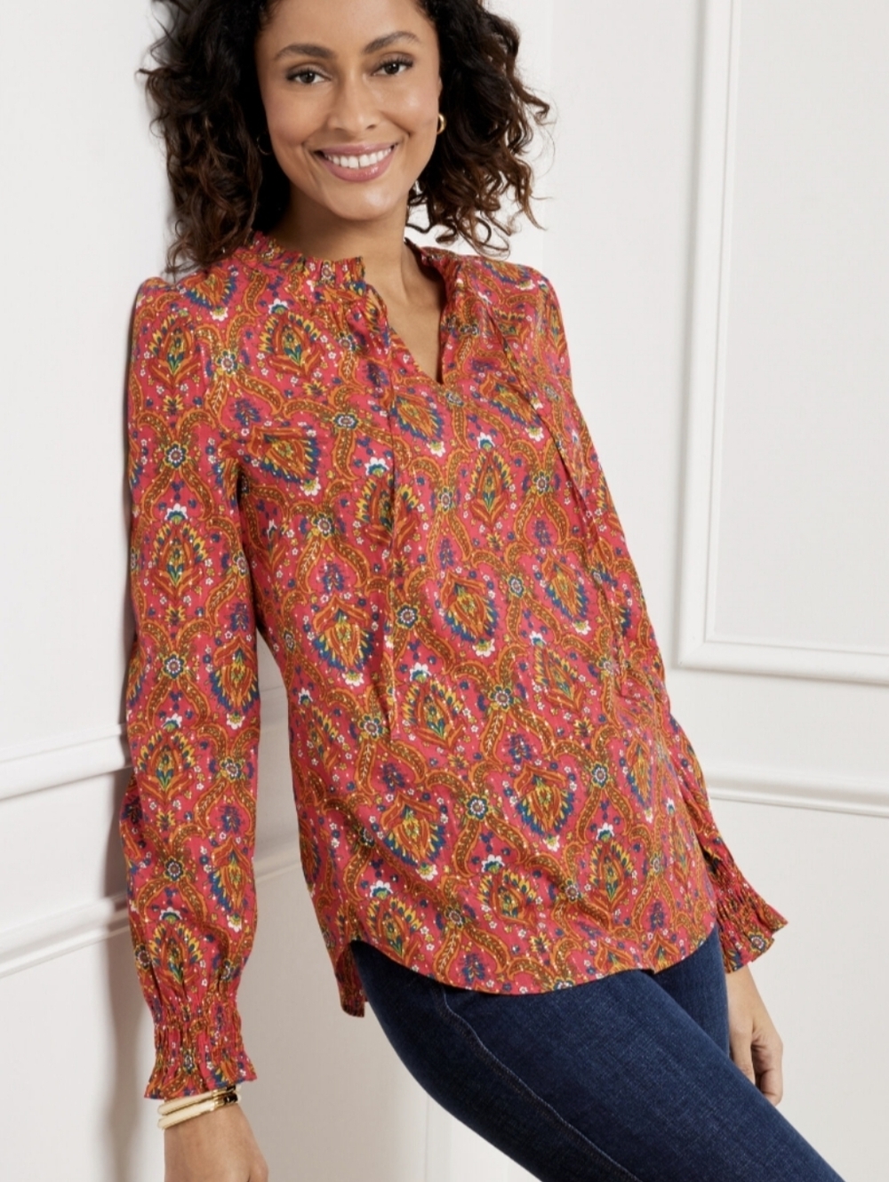 Talbots Ruffle Blouse Floral Lattice Long Sleeve Metallic Split Neck Womens XL